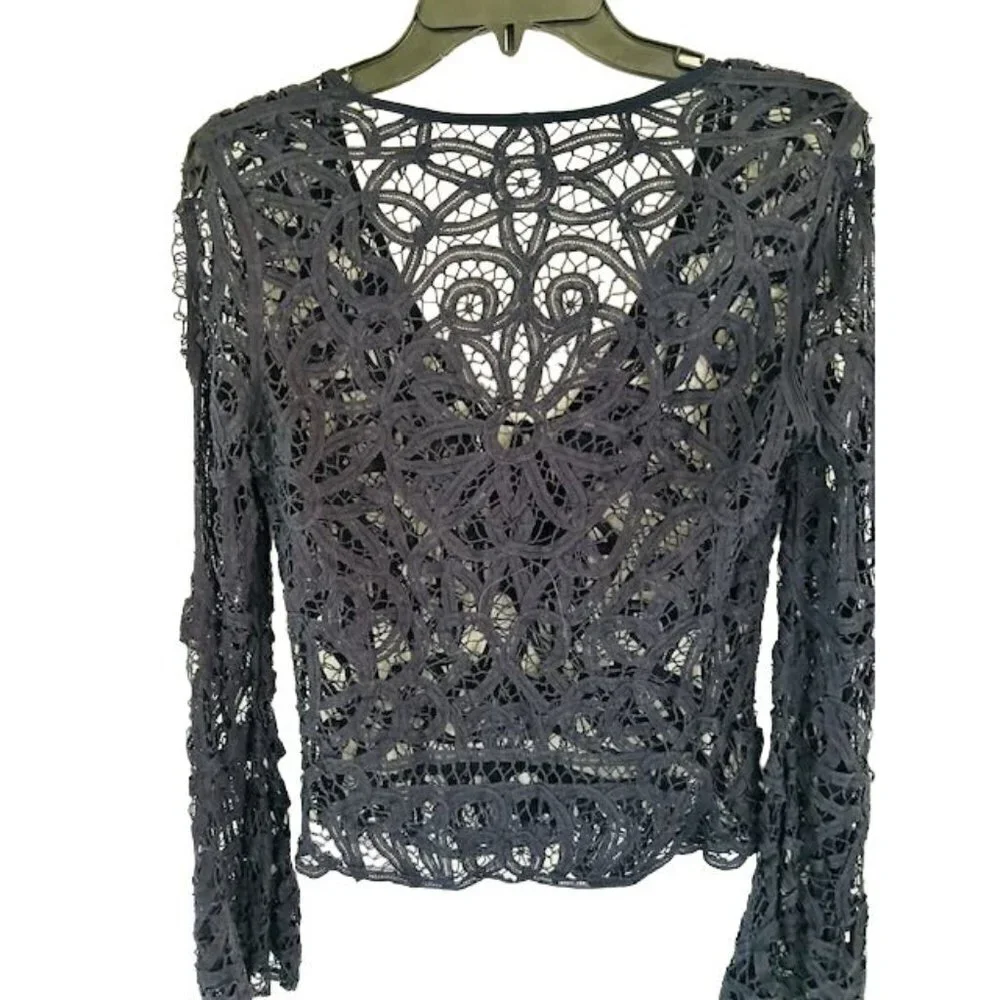 Free People Navy Crochet Lace Blouse Long Sleeves Size XSmall/P